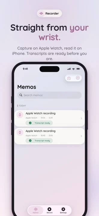 Speaker-labelled transcript of a voice memo in the app
